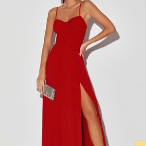 Lulu’s Red Pleated Bustier Maxi Dress